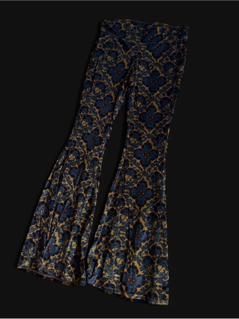 Free People Blue and Gold Floral Velvet Bell Bottom Pants - Picture 1 of 6